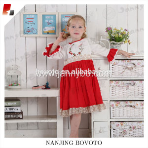 Mandarin half-sleeve embroidery one-piece dress red&white